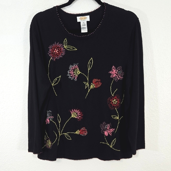 TALBOTS Black Embroidered Floral Beaded Lightweight Sweater, Size 1X - Picture 1 of 6
